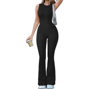 Yoga Jumpsuits Ribbed Crew Neck Sleeveless Bell Bottoms Flare Jumpsuits